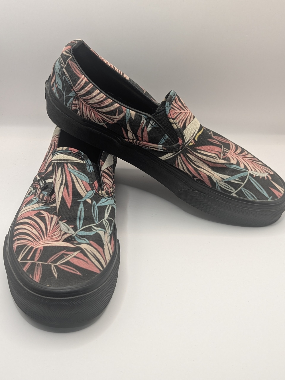 Vans Floral Slip-On Canvas Mules in Black with Pink & Blue Leaf Print